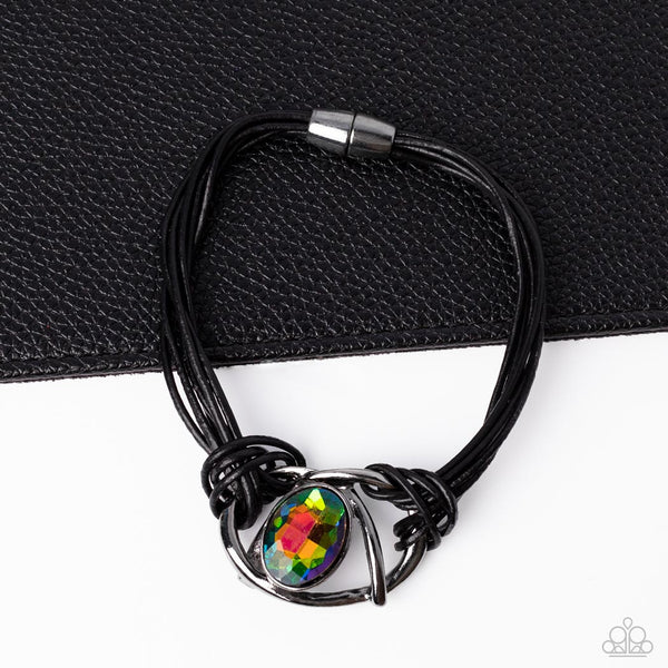 KEEP YOUR DISTANCE - MULTI OIL SPILL GEM GUNMETAL BLACK CORD MAGNET BRACELET - PAPARAZZI