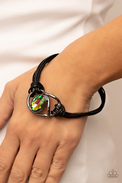 KEEP YOUR DISTANCE - MULTI OIL SPILL GEM GUNMETAL BLACK CORD MAGNET BRACELET - PAPARAZZI