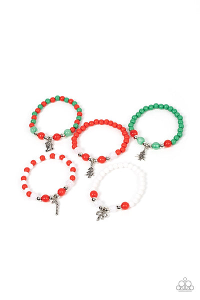 STARLET SHIMMER SILVER CHRISTMAS CHARM RED GREEN WHITE BEAD BRACELET SET OF 5