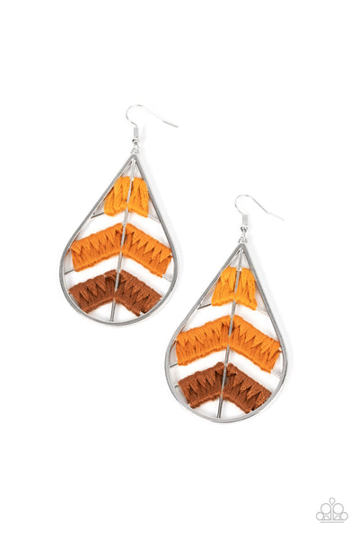NICE THREADS - ORANGE AND BROWN THREAD SILVER TEARDROP EARRINGS - PAPARAZZI Regular price