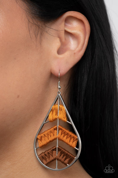 NICE THREADS - ORANGE AND BROWN THREAD SILVER TEARDROP EARRINGS - PAPARAZZI Regular price