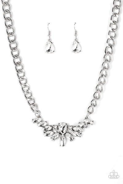 COME AT ME - WHITE RHINESTONE GEM SILVER CHAIN NECKLACE - PAPARAZZI