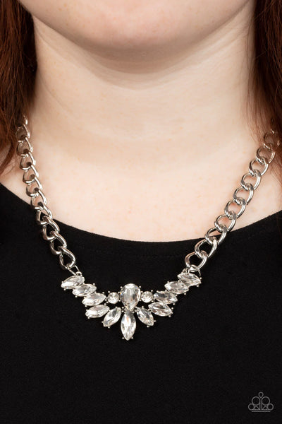 COME AT ME - WHITE RHINESTONE GEM SILVER CHAIN NECKLACE - PAPARAZZI