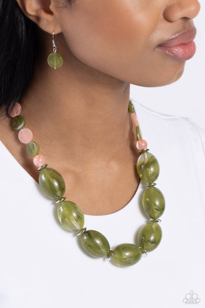 BELLE OF THE BEACH - GREEN AND CORAL CHUNKY BEAD SHORT NECKLACE - PAPARAZZI
