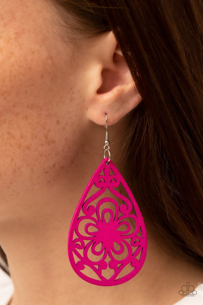 MARINE EDEN - PINK WOODEN TEARDROP EARRINGS - PAPARAZZI
