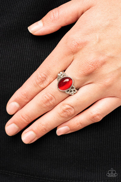 CRYSTALS AND CATS EYE - RED CAT'S EYE STONE SILVER RING - PAPARAZZI