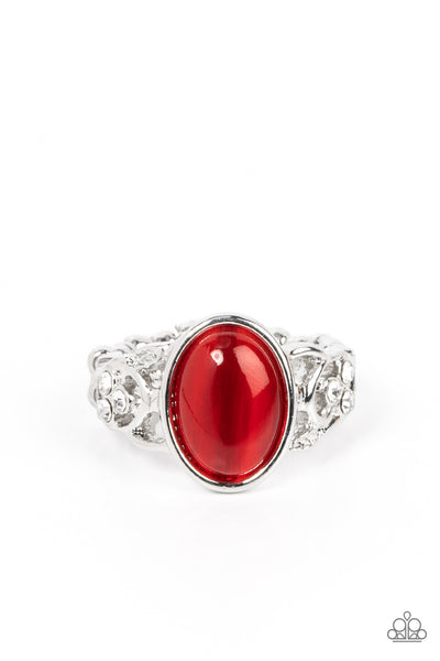 CRYSTALS AND CATS EYE - RED CAT'S EYE STONE SILVER RING - PAPARAZZI