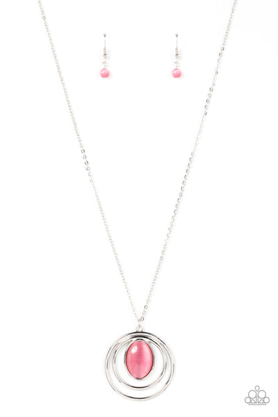EPICENTER OF ELEGANCE - PINK CAT'S EYE STONE SILVER CIRCLE NECKLACE - PAPARAZZI