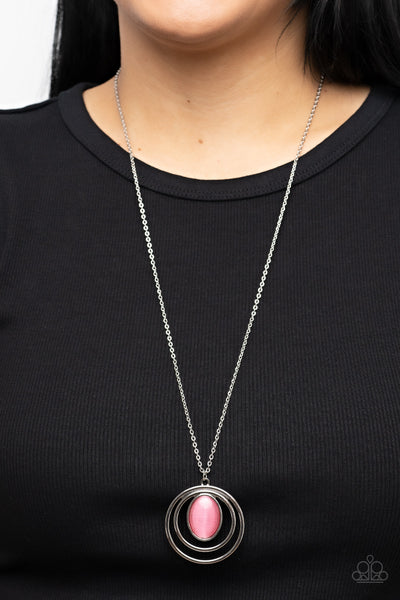 EPICENTER OF ELEGANCE - PINK CAT'S EYE STONE SILVER CIRCLE NECKLACE - PAPARAZZI