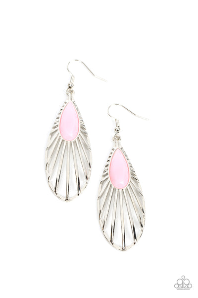 WING-A-DING-DING - PINK TEARDROP GEM SILVER BUTTERFLY WING EARRING - PAPARAZZI