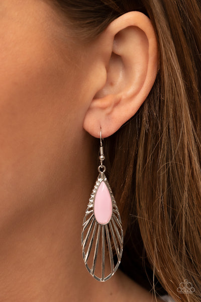 WING-A-DING-DING - PINK TEARDROP GEM SILVER BUTTERFLY WING EARRING - PAPARAZZI