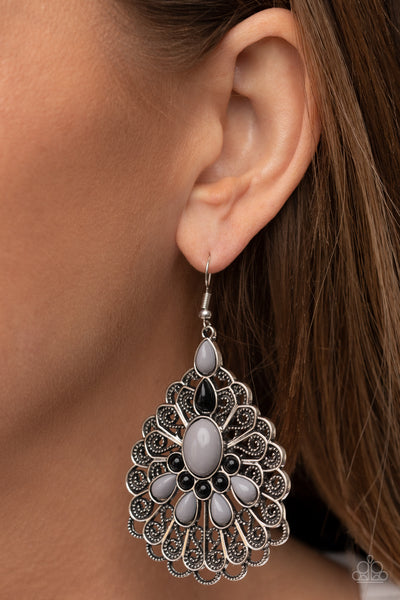 PEACOCK PRANCE - SILVER GRAY AND BLACK BEAD EARRINGS - PAPARAZZI