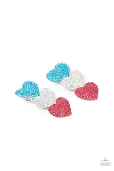 LOVE AT FIRST SPARKLE - MULTI BLUE WHITE AND PINK GLITTER HEART HAIR CLIPS - PAPARAZZI