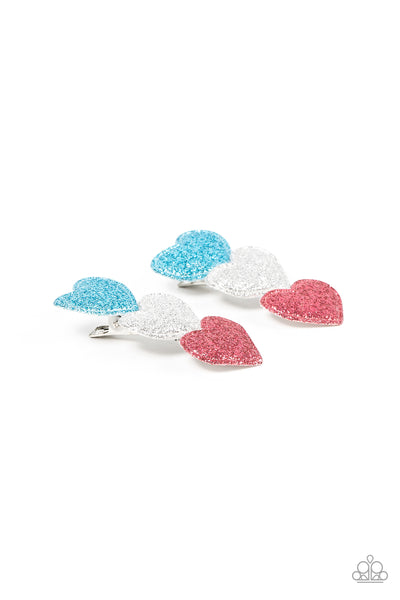 LOVE AT FIRST SPARKLE - MULTI BLUE WHITE AND PINK GLITTER HEART HAIR CLIPS - PAPARAZZI