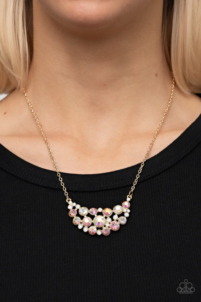 EFFERVESCENTLY DIVINE - GOLD IRIDESCENT GEM CRESCENT NECKLACE - PAPARAZZI