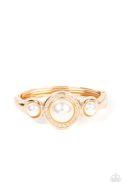 DEBUTANTE DAYDREAM - GOLD WHITE PEARL HINGED BRACELET - PAPARAZZI