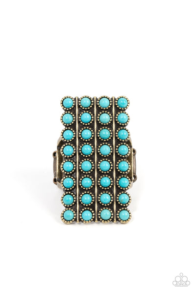 PACK YOUR SADDLEBAGS - BRASS AND TURQUOISE STONE RECTANGLE RING - PAPARAZZI EMP 2023