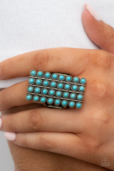 PACK YOUR SADDLEBAGS - BRASS AND TURQUOISE STONE RECTANGLE RING - PAPARAZZI EMP 2023