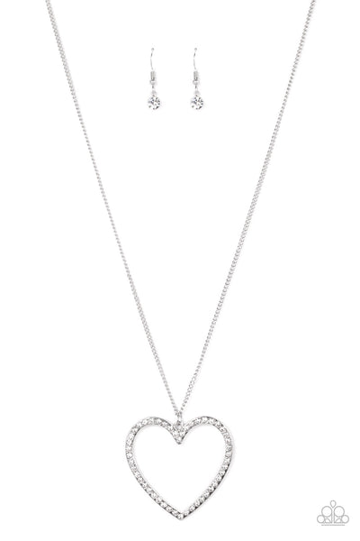 VA-VA-VALENTINE - WHITE RHINESTONE SILVER HEART NECKLACE - PAPARAZZI