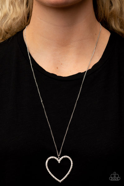 VA-VA-VALENTINE - WHITE RHINESTONE SILVER HEART NECKLACE - PAPARAZZI