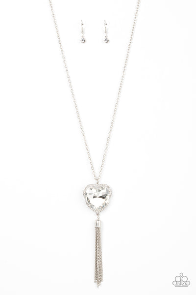 FINDING MY FOREVER - WHITE GEM HEART RHINESTONE SILVER TASSEL NECKLACE - PAPARAZZI