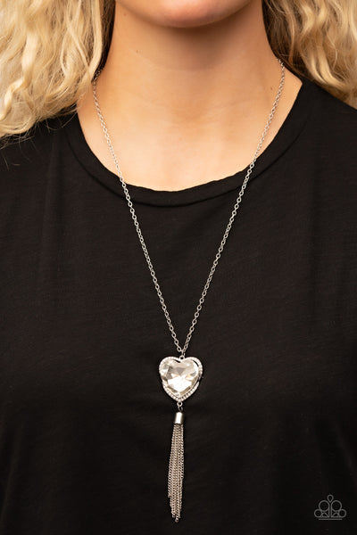 FINDING MY FOREVER - WHITE GEM HEART RHINESTONE SILVER TASSEL NECKLACE - PAPARAZZI