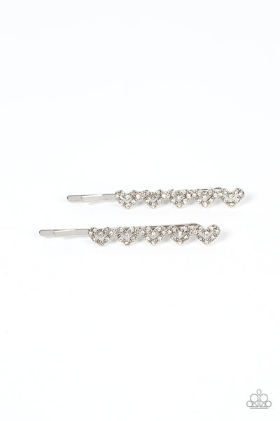 THINKING OF YOU - WHITE RHINESTONE HEART SILVER HAIR CLIPS - PAPARAZZI