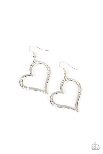 TENDERHEARTED TWINKLE - WHITE RHINESTONE SILVER HEART EARRINGS - PAPARAZZI