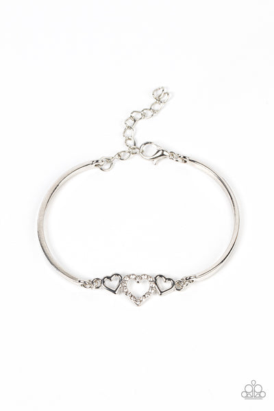 CUPIDS CONFESSIONS - WHITE RHINESTONE SILVER HEART BRACELET - PAPARAZZI