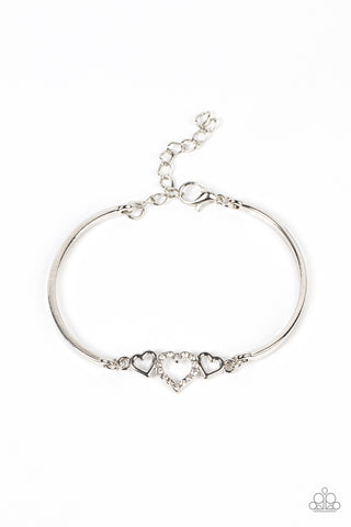 CUPIDS CONFESSIONS - WHITE RHINESTONE SILVER HEART BRACELET - PAPARAZZI