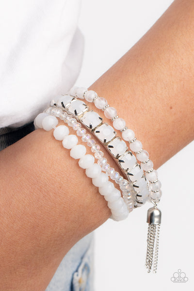 DAY TRIP TRINKET - WHITE DEWY BEAD RHINESTONE CRYSTAL STRETCHY BRACELET SET - PAPARAZZI