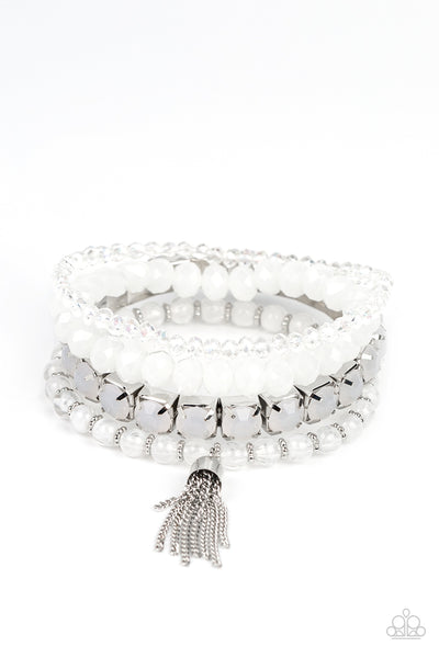 DAY TRIP TRINKET - WHITE DEWY BEAD RHINESTONE CRYSTAL STRETCHY BRACELET SET - PAPARAZZI