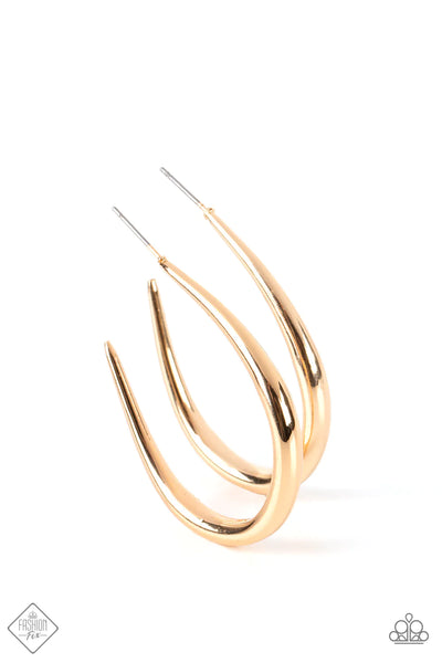CURVE YOUR APPETITE - GOLD ASYMMETRICAL HOOP EARRINGS - PAPARAZZI FASHION FIX JUNE 2022