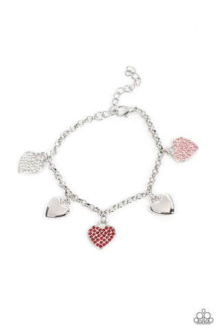 LUSTY LOCKETS - MULTI PINK WHITE RED RHINESTONE SILVER HEART BRACELET - PAPARAZZI