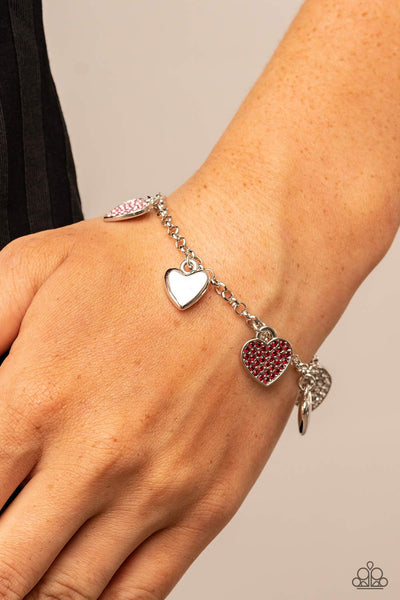 LUSTY LOCKETS - MULTI PINK WHITE RED RHINESTONE SILVER HEART BRACELET - PAPARAZZI