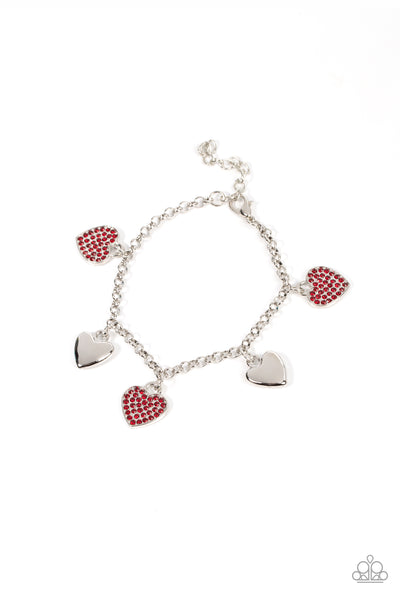 LUSTY LOCKETS - RED RHINESTONE SILVER HEART BRACELET - PAPARAZZI
