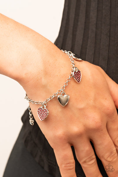 LUSTY LOCKETS - RED RHINESTONE SILVER HEART BRACELET - PAPARAZZI