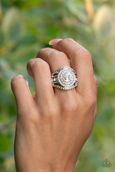 UNDERSTATED DRAMA - WHITE RHINESTONE SILVER RING - PAPARAZZI EMP 2022 EXCLUSIVE