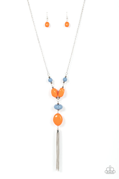 HEAVENLY HARMONY - MULTI BLUE AND ORANGE BEAD SILVER TASSEL NECKLACE - PAPARAZZI