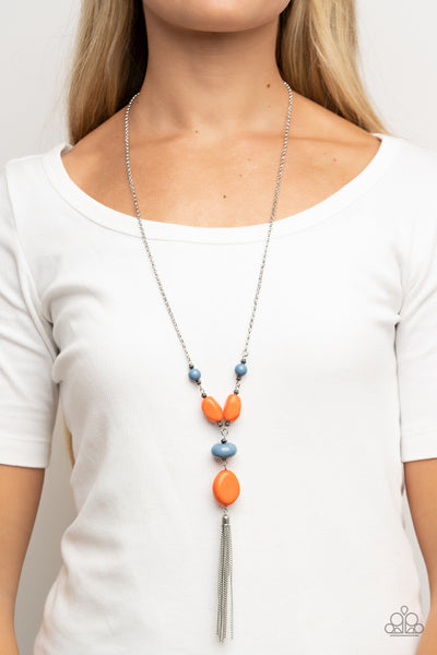 HEAVENLY HARMONY - MULTI BLUE AND ORANGE BEAD SILVER TASSEL NECKLACE - PAPARAZZI