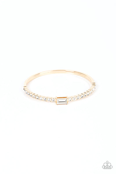 PARTY CRASHING COUTURE - GOLD WHITE RHINESTONE BANGLE BRACELET - PAPARAZZI