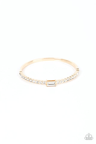 PARTY CRASHING COUTURE - GOLD WHITE RHINESTONE BANGLE BRACELET - PAPARAZZI