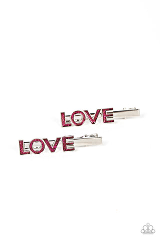 ADORED ADORNMENT - PINK RHINESTONE "LOVE" HAIR CLIPS - PAPARAZZI