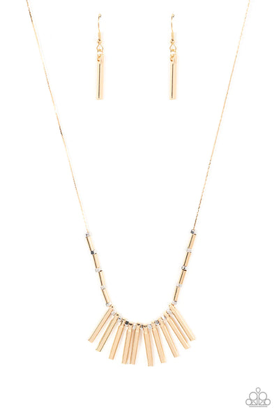 RUSTIC HOT ROD - GOLD BAR SILVER CUBE FRINGE NECKLACE - PAPARAZZI