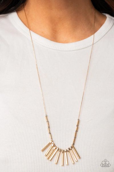 RUSTIC HOT ROD - GOLD BAR SILVER CUBE FRINGE NECKLACE - PAPARAZZI