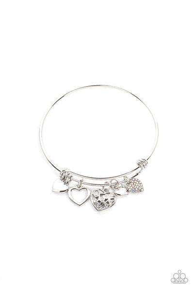 IM YOURS - MULTI IRIDESCENT RHINESTONE SILVER HEART CHARM BANGLE BRACELET - PAPARAZZI