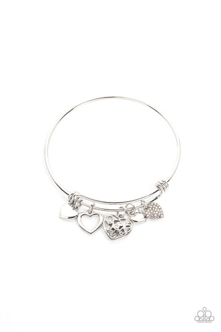 IM YOURS - MULTI IRIDESCENT RHINESTONE SILVER HEART CHARM BANGLE BRACELET - PAPARAZZI