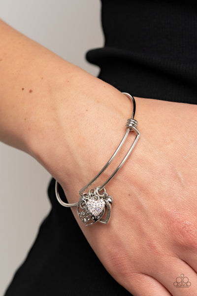 IM YOURS - MULTI IRIDESCENT RHINESTONE SILVER HEART CHARM BANGLE BRACELET - PAPARAZZI
