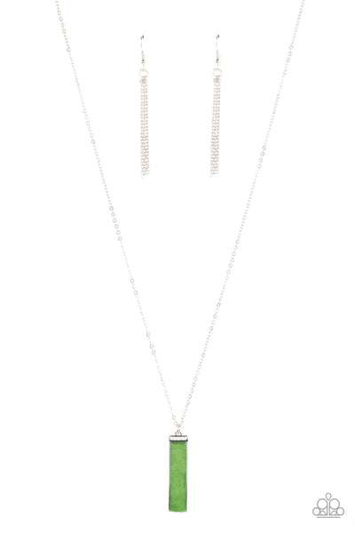 SET IN GEMSTONE - GREEN JADE STONE RECTANGLE SILVER PENDANT NECKLACE - PAPARAZZI