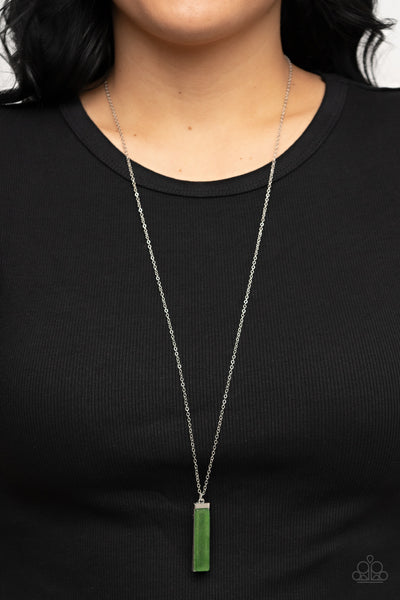 SET IN GEMSTONE - GREEN JADE STONE RECTANGLE SILVER PENDANT NECKLACE - PAPARAZZI